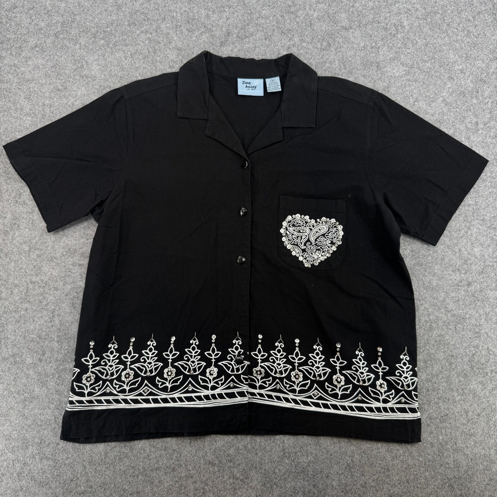 Jane Ashley Shirt Womens M Short Sleeve Black Sequin Heart Floral Embroidery EUC